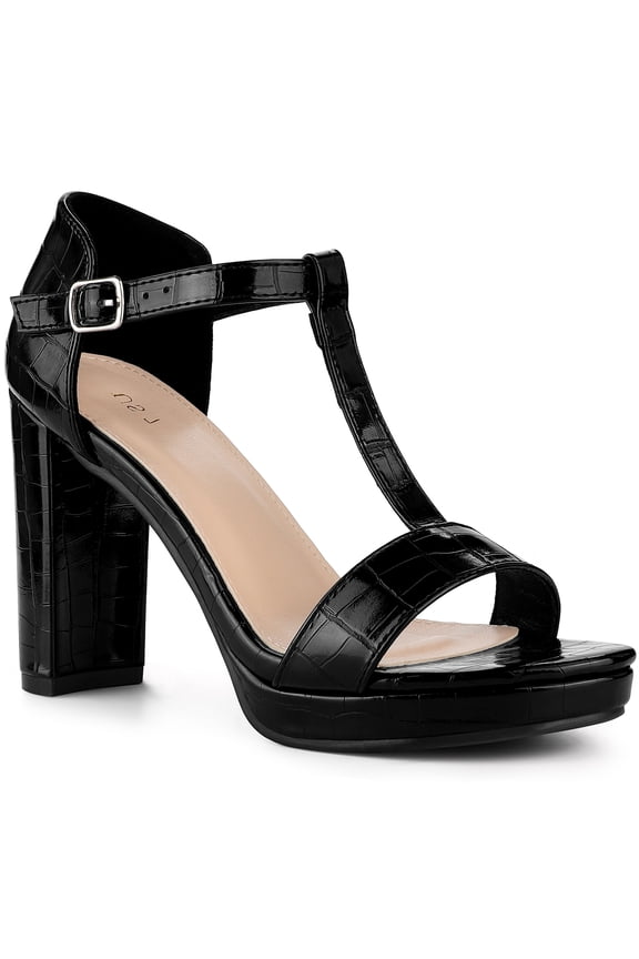 Women's Shoes Croc Print Platform T Strap Chunky Heel Ankle Strap Sandals Black 7.5