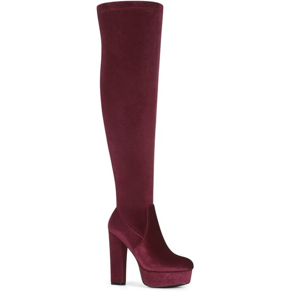 BLISSFUL STEP Women's Boots Faux Velvet Over The Knee Platform Round Toe Chunky Heel Boots Burgundy 9