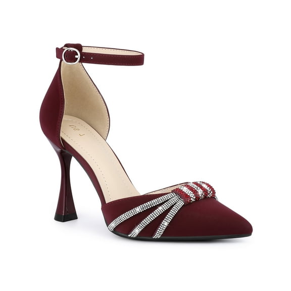 BLISSFUL STEP Pointed Toe Ankle Strap Rhinestone Stiletto High Heel Pumps for Women Burgundy 6