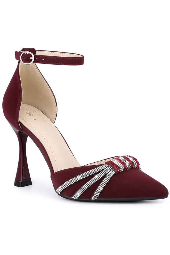 Pointed Toe Ankle Strap Rhinestone Stiletto High Heel Pumps for Women Burgundy 7.5