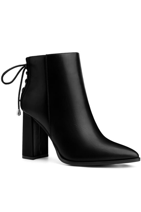Women's Ankle Boots Chunky Heel Pointed Toe Back Lace Up Side Zipper Boots Black 9.5