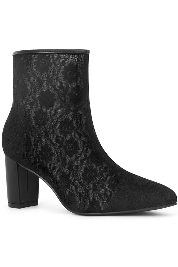 Women's Ankle Boots Lace Pointed Toe Chunky Heel Zipper Dress Booties Black 8
