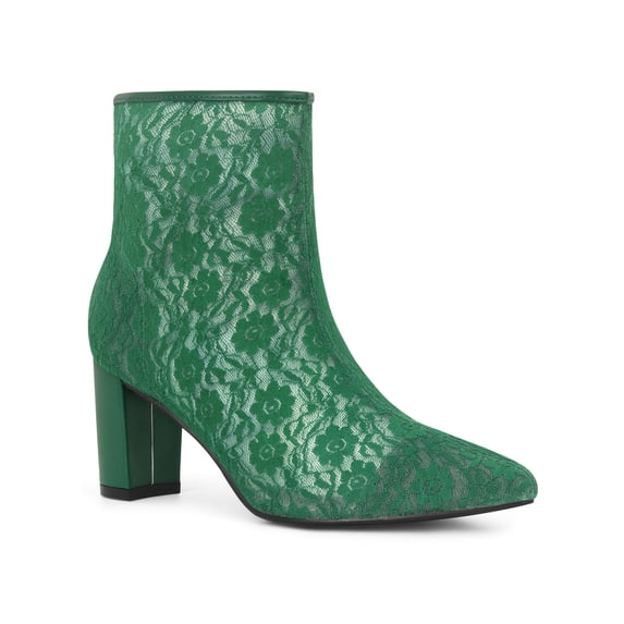 BLISSFUL STEP Women's Ankle Boots Lace Pointed Toe Chunky Heel Zipper Dress Booties Dark Green 10
