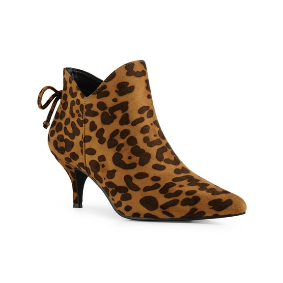 BLISSFUL STEP Pointed Toe Bow Cutout Kitten Heel Ankle Booties for Women Leopard 7
