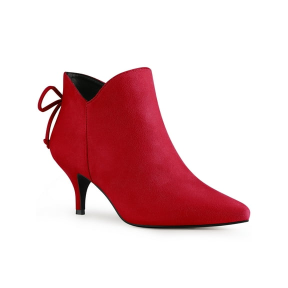 BLISSFUL STEP Pointed Toe Bow Cutout Kitten Heel Ankle Booties for Women Red 6