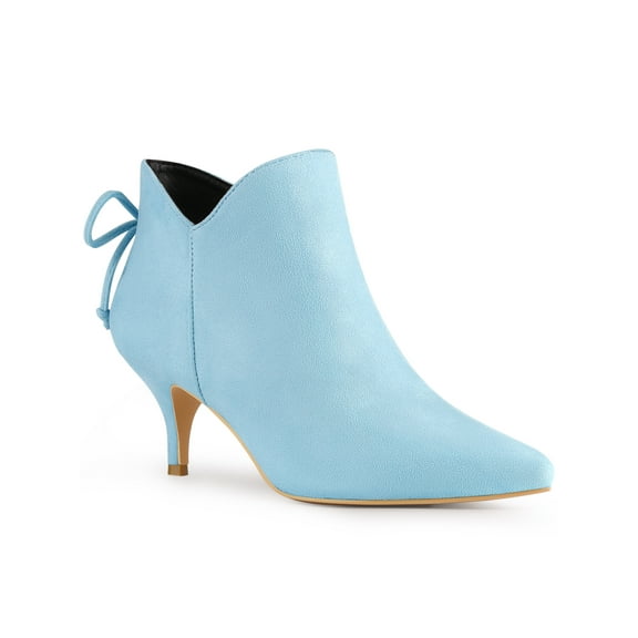 BLISSFUL STEP Pointed Toe Bow Cutout Kitten Heel Ankle Booties for Women Sky Blue 6