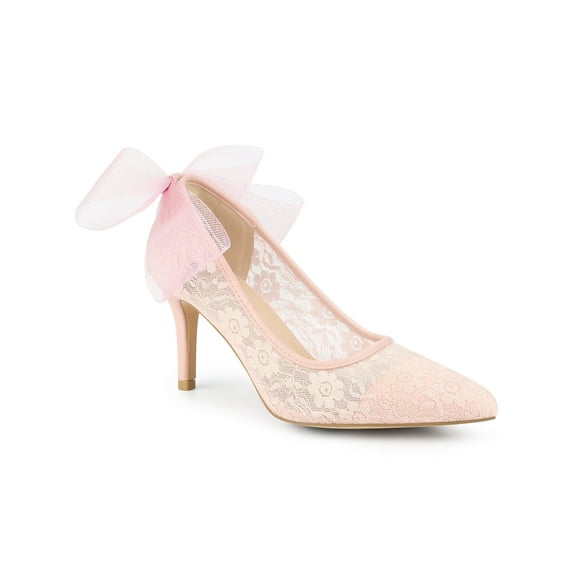 BLISSFUL STEP Pointed Toe Bow Decor Stiletto Heel Pumps for Women Pink 9