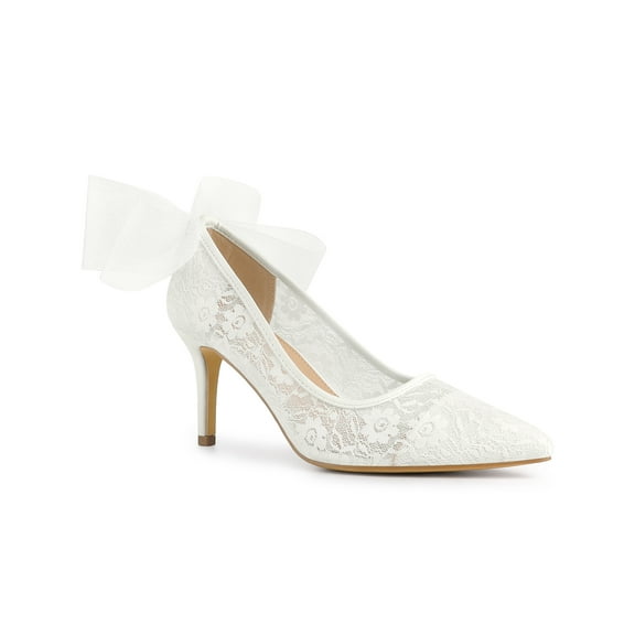 BLISSFUL STEP Pointed Toe Bow Decor Stiletto Heel Pumps for Women White 7