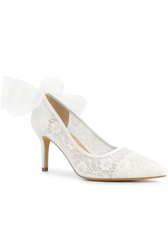 Easter Pointed Toe Bow Decor Stiletto Heel Pumps for Women White 8