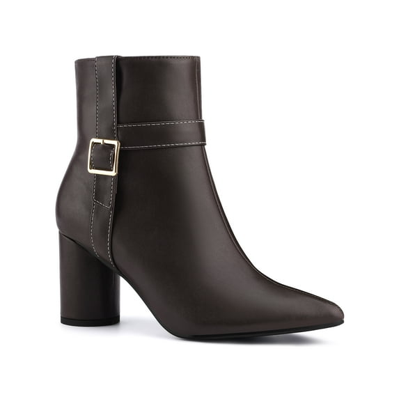 BLISSFUL STEP Women's Ankle Boots Block Heel Pointed Toe Buckle Side Zipper Boots Coffee 9.5