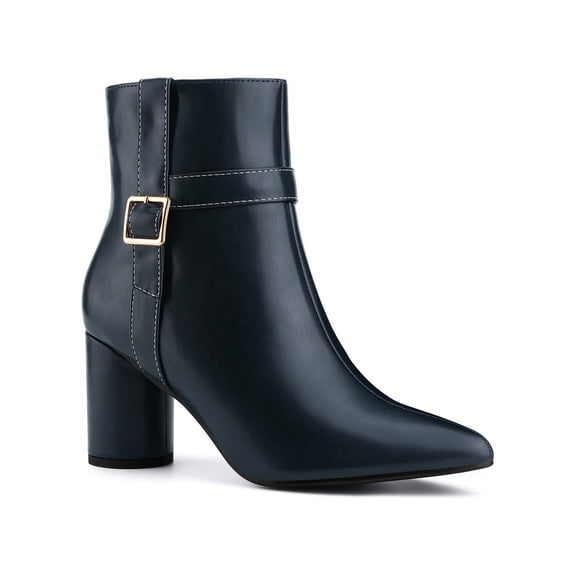 BLISSFUL STEP Women's Ankle Boots Block Heel Pointed Toe Buckle Side Zipper Boots Dark Blue 8.5