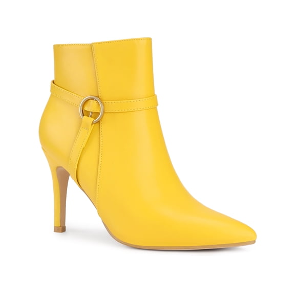 BLISSFUL STEP Pointed Toe Buckle Strap Stiletto Heel Ankle Boots for Women Yellow (Size 9)