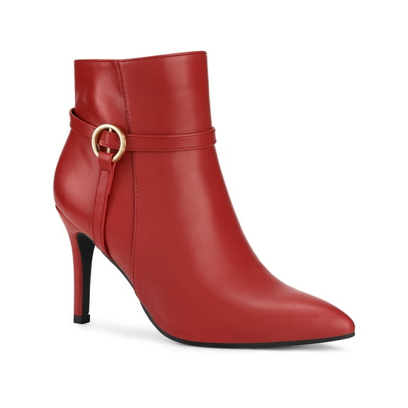 BLISSFUL STEP Pointed Toe Buckle Strap Stiletto Heel Ankle Boots for Women Red (Size 9)