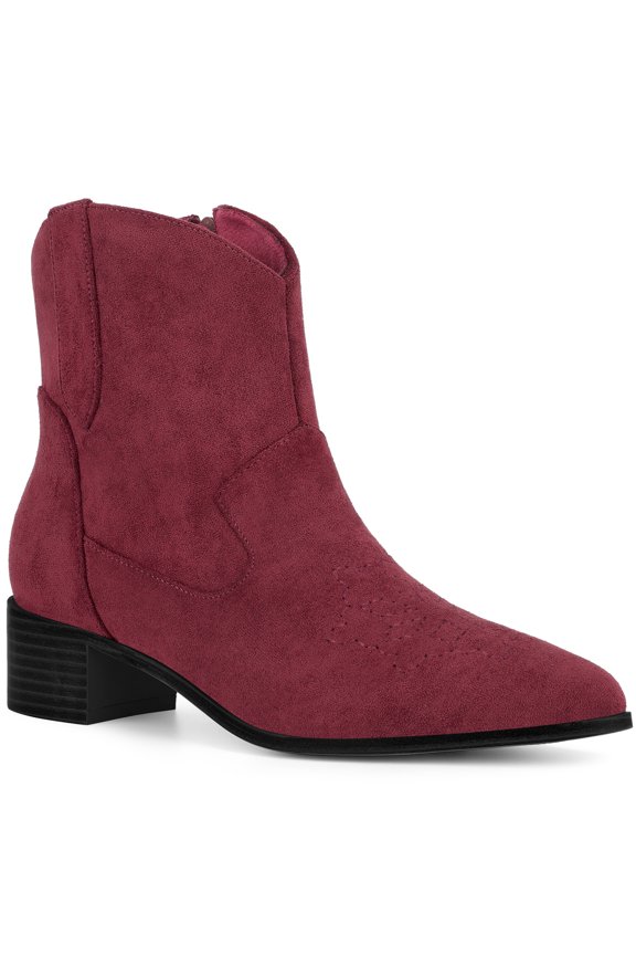 Pointed Toe Chunky Heel Western Ankle Boots for Women Burgundy 8