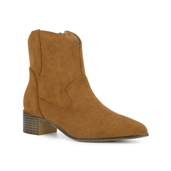 BLISSFUL STEP Pointed Toe Chunky Heel Western Ankle Boots for Women Brown 6.5