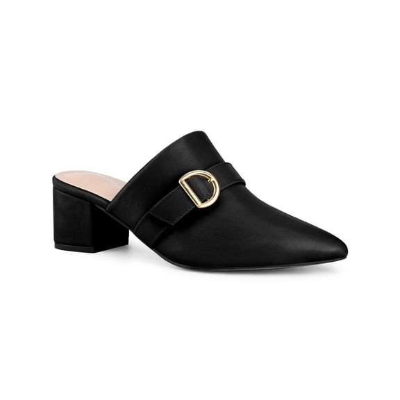 BLISSFUL STEP Pointed Toe Chunky Heels Mules with Buckle Decor for Women Black 8