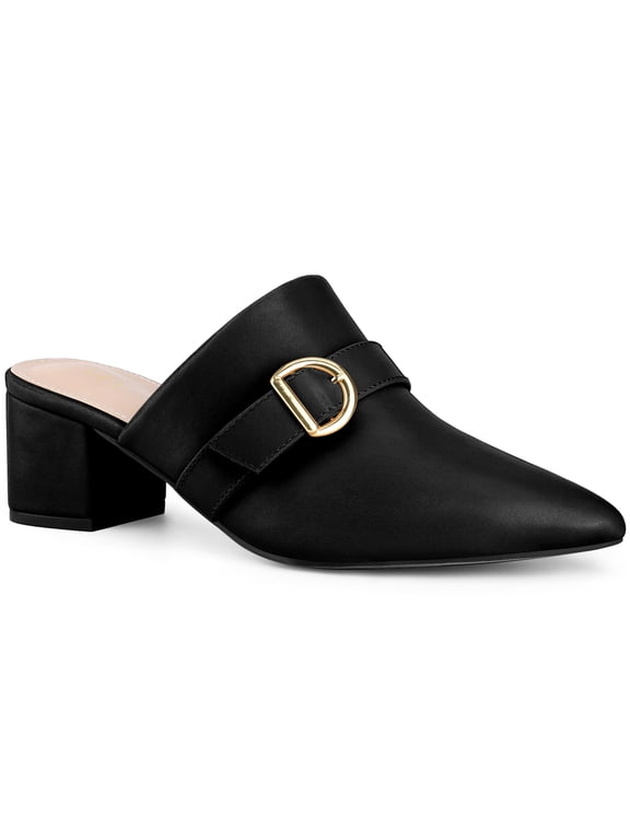 Pointed Toe Chunky Heels Mules with Buckle Decor for Women Black 9
