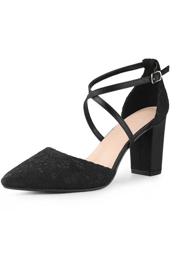 Pointed Toe Cross Straps Block Heel Lace Pumps for Women