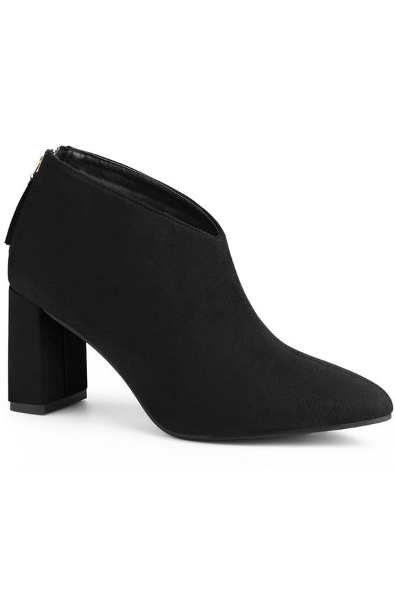 Women's Ankle Boots Faux Suede Pointed Toe Block Heel Back Zip V Cutout Booties Black 7