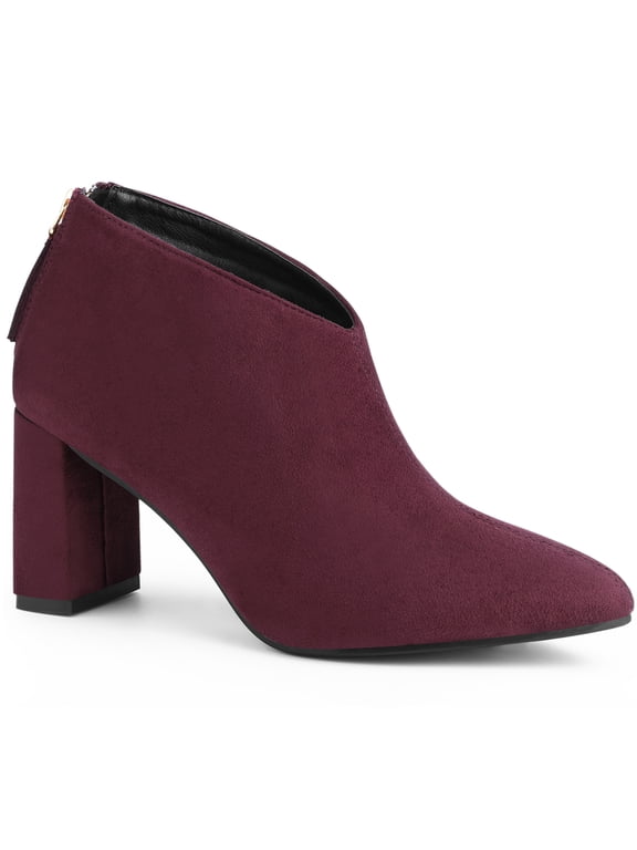 Women's Ankle Boots Faux Suede Pointed Toe Block Heel Back Zip V Cutout Booties Burgundy 8.5