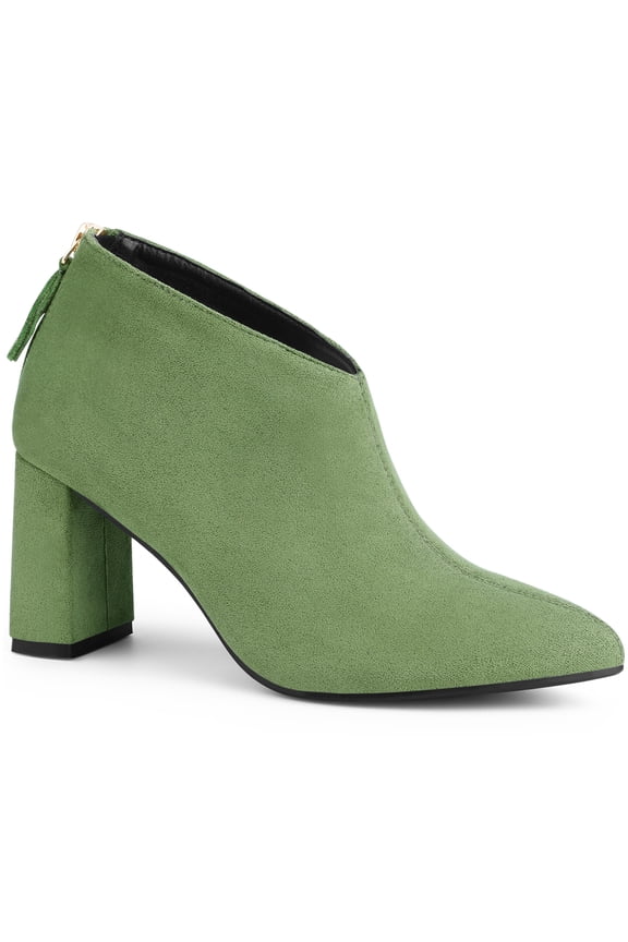 Women's Ankle Boots Faux Suede Pointed Toe Block Heel Back Zip V Cutout Booties Green 9