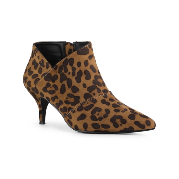BLISSFUL STEP Women's Ankle Boots Pointed Toe Kitten Heels Side Zip Faux Suede Booties Brown Leopard 6.5