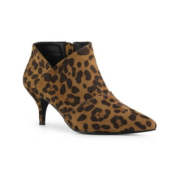 BLISSFUL STEP Pointed Toe Cutout Kitten Heels Ankle Boots for Women Brown Leopard 9
