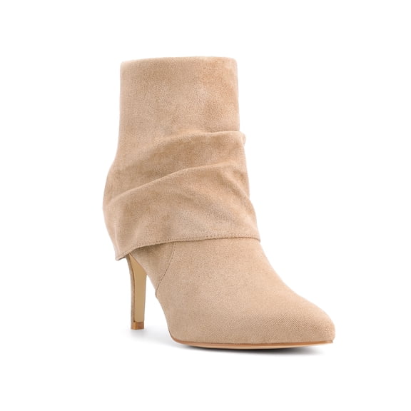 BLISSFUL STEP Women's Ankle Boots Faux Suede Pointed Toe Stiletto Heel Slouch Side Zipper Boots Khaki 7