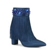 thumbnail image 1 of BLISSFUL STEP Pointed Toe Fringe Crystal Chunky Heel Ankle Boots for Women Navy Blue 8, 1 of 6