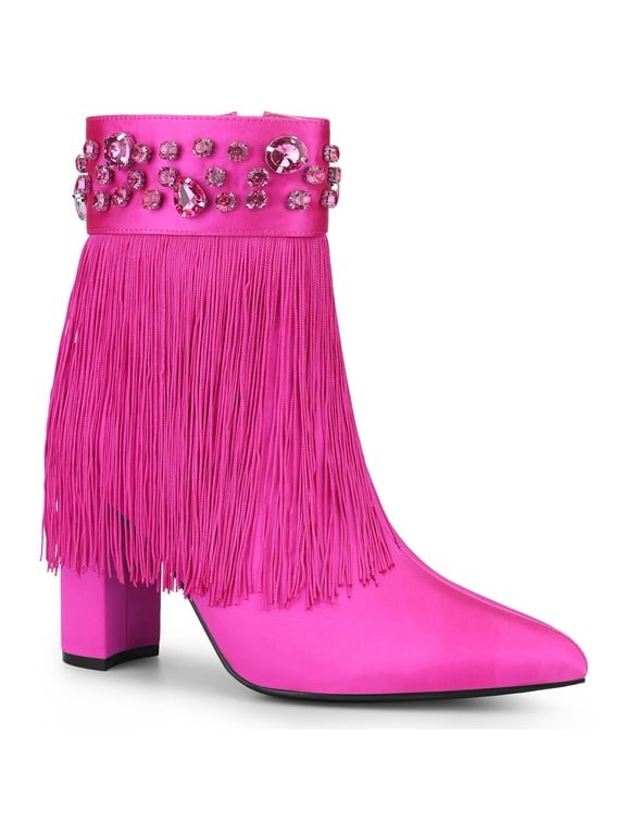 Pointed Toe Fringe Crystal Chunky Heel Ankle Boots for Women Hot Pink 8