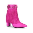 thumbnail image 1 of BLISSFUL STEP Pointed Toe Fringe Crystal Chunky Heel Ankle Boots for Women Hot Pink 9, 1 of 6