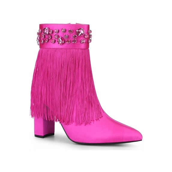 BLISSFUL STEP Pointed Toe Fringe Crystal Chunky Heel Ankle Boots for Women Hot Pink 9