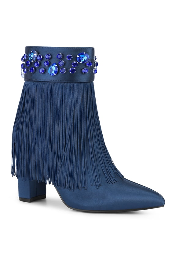 Pointed Toe Fringe Crystal Chunky Heel Ankle Boots for Women Navy Blue 9