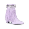 thumbnail image 1 of BLISSFUL STEP Pointed Toe Fringe Crystal Chunky Heel Ankle Boots for Women Purple 6, 1 of 6