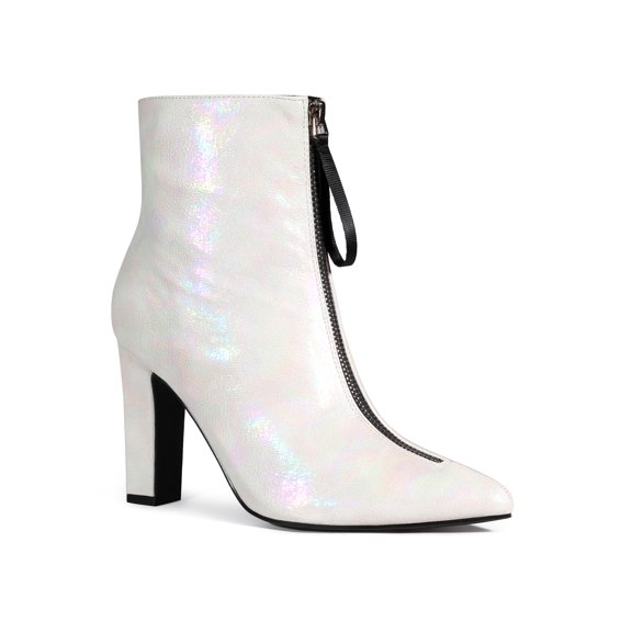 BLISSFUL STEP Pointed Toe Front Zip Block Heel Ankle Boots for Women Silver 11