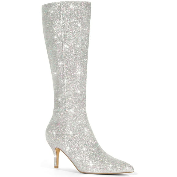 BLISSFUL STEP Women's Boots Pointed Toe Glitter Stiletto Heel Knee High Boots  Silver 8