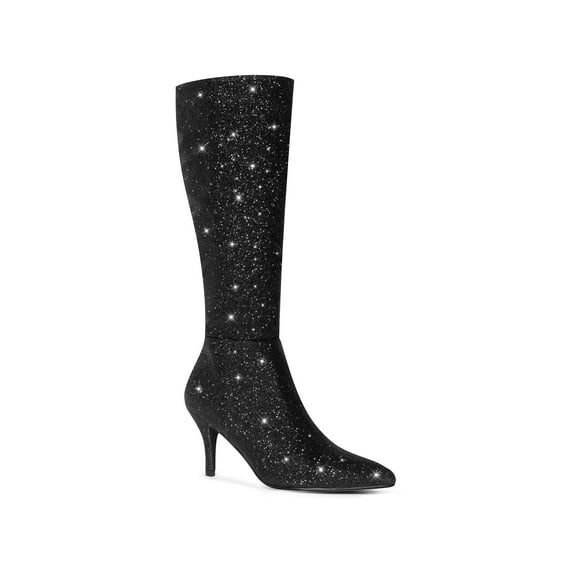 BLISSFUL STEP Women's Boots Pointed Toe Glitter Stiletto Heel Knee High Boots Black 11