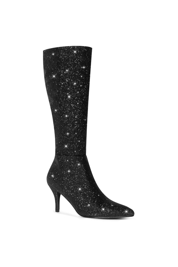 Women's Boots Pointed Toe Glitter Stiletto Heel Knee High Boots Black 8