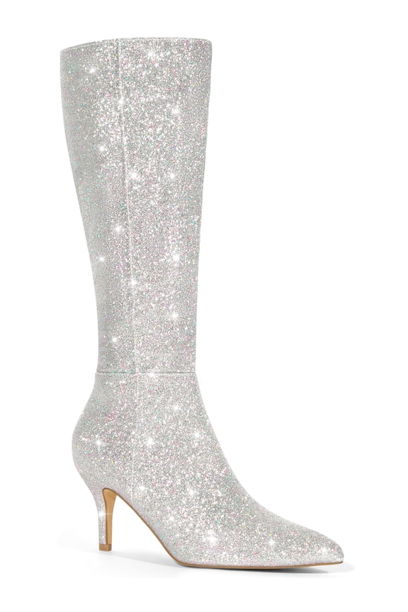 Women's Boots Pointed Toe Glitter Stiletto Heel Knee High Boots Silver 11
