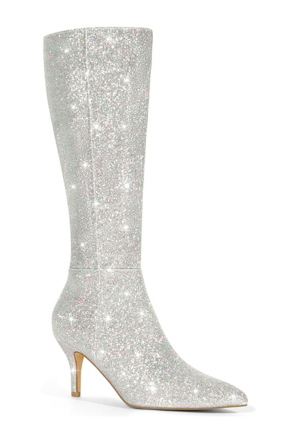 Women's Boots Pointed Toe Glitter Stiletto Heel Knee High Boots  Silver 6