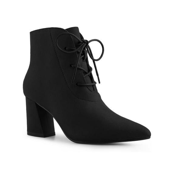 BLISSFUL STEP Pointed Toe Lace Up Block Heel Ankle Boots for Women Black 7