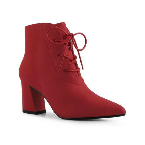 BLISSFUL STEP Pointed Toe Lace Up Block Heel Ankle Boots for Women Red 8