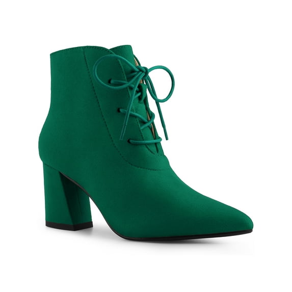 BLISSFUL STEP Pointed Toe Lace Up Block Heel Ankle Boots for Women Dark Green 7