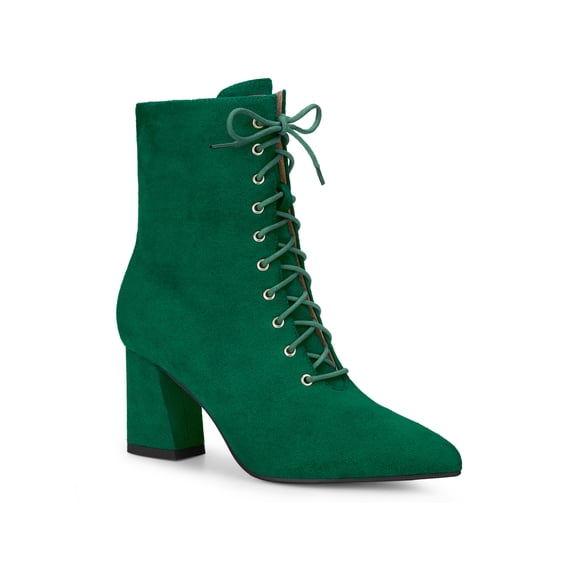 BLISSFUL STEP Pointed Toe Lace Up Chunky Heel Ankle Boots for Women Green 9
