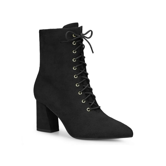 BLISSFUL STEP Pointed Toe Lace Up Chunky Heel Ankle Boots for Women Black 7