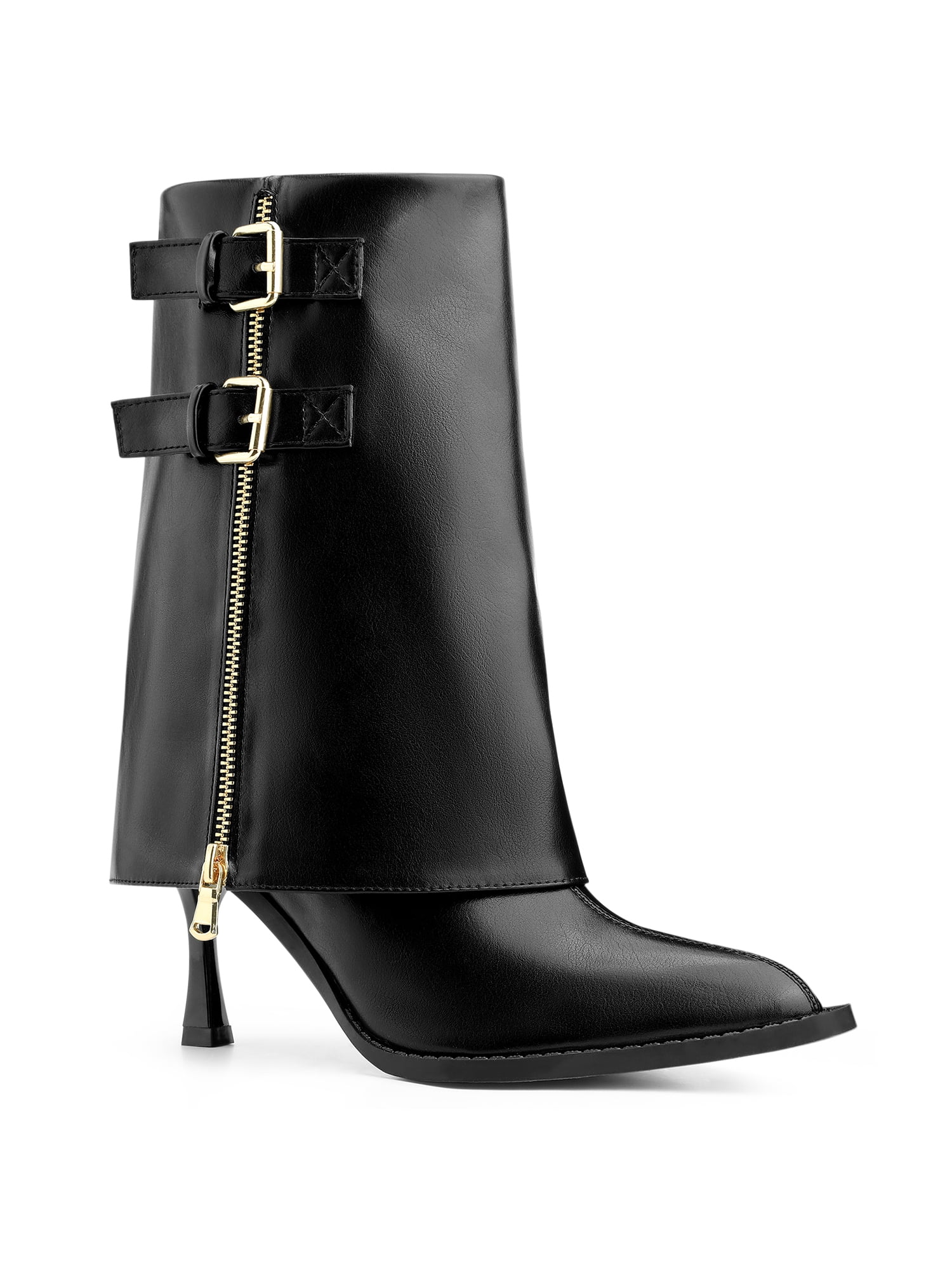 Perphy Women's Fold Over Pointed Toe Stiletto Boots - 3.3" Heel Mid Calf Boots, Side Zip 2 thumbnail image