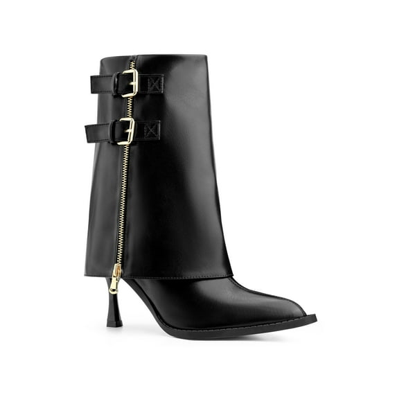 BLISSFUL STEP Women's Boots Mid-Calf Stiletto Heel Pointed Toe Buckle Zip Faux Leather Boots Black 6