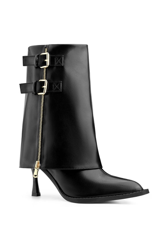 Women's Boots Mid-Calf Stiletto Heel Pointed Toe Buckle Zip Faux Leather Boots Black 6