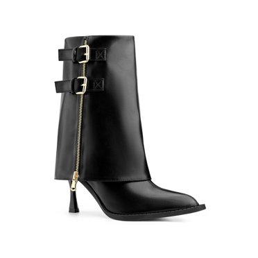 BLISSFUL STEP Pointed Toe Mid Calf Boots Fold Over Buckle Stiletto Heel Boots for Women Black 7