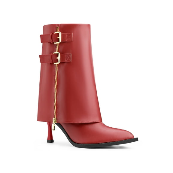 BLISSFUL STEP Women's Boots Mid-Calf Stiletto Heel Pointed Toe Buckle Zip Faux Leather Boots Red 11